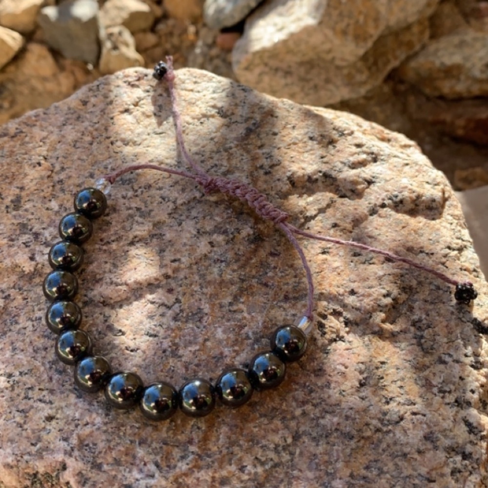 Adjustable Hematite Bracelet w/ 2 Flowers